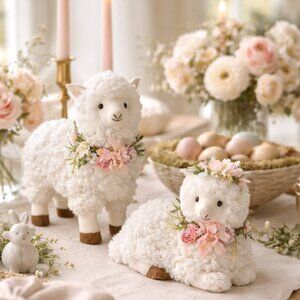 Easter Sheep with Floral Wreath – Spring Lamb Decor Set (10.5”–11.75”)